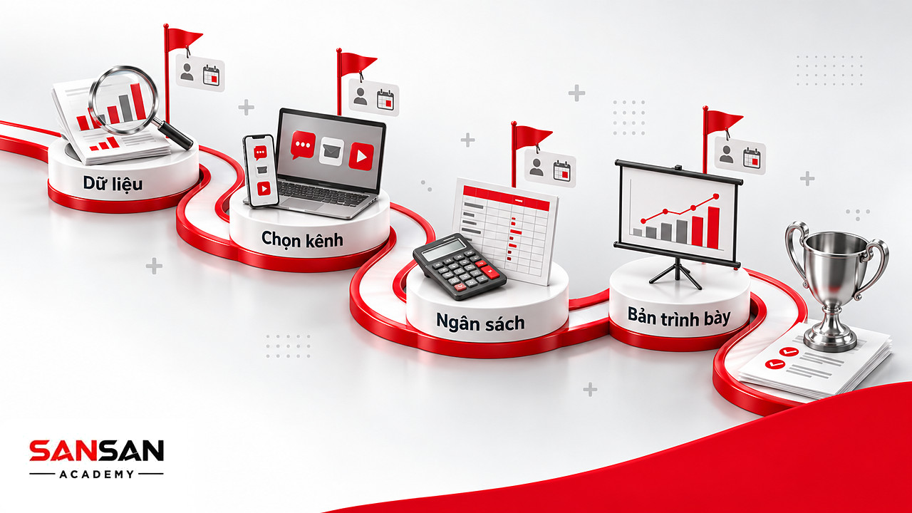 Con đường bốn mốc dữ liệu, kênh, ngân sách, bản trình bày, mỗi mốc có người phụ trách và hạn theo ma trận Eisenhower