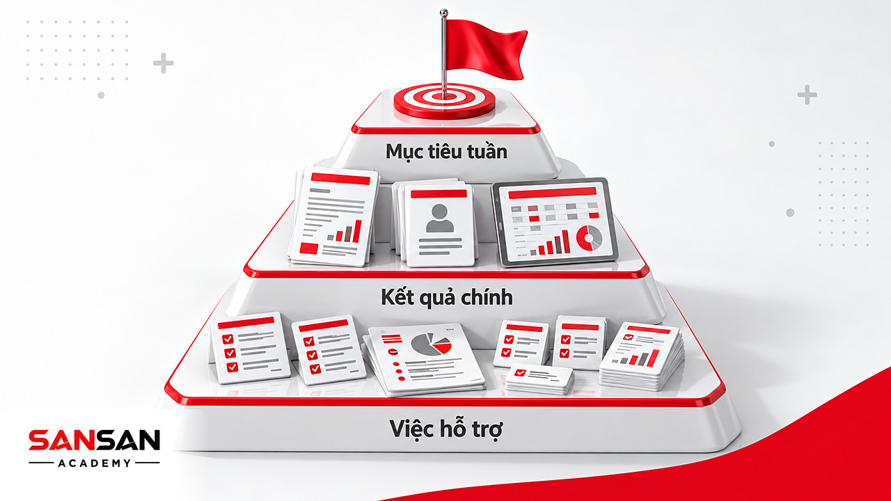 Kim tự tháp gồm mục tiêu tuần, ba kết quả chính và các việc hỗ trợ, bước đầu khi dùng ma trận Eisenhower
