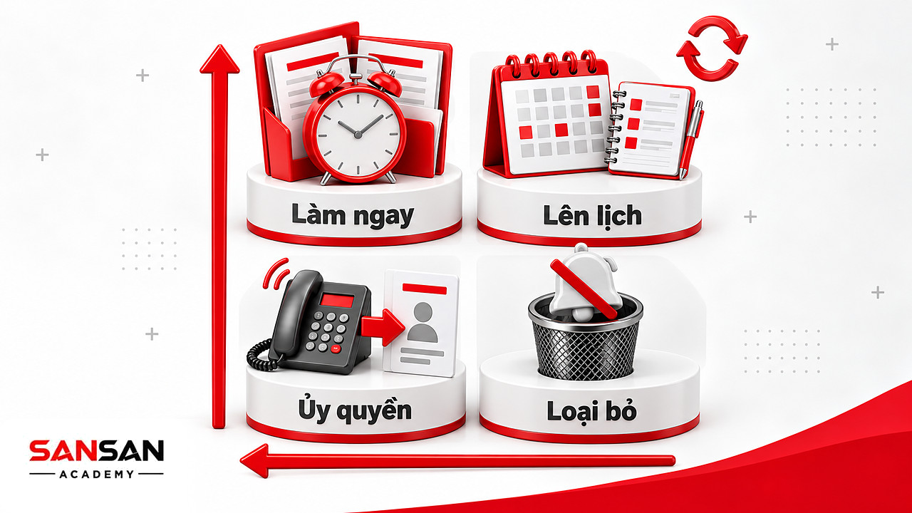 Ma trận Eisenhower 2×2 gồm bốn ô làm ngay, lên lịch, ủy quyền, loại bỏ theo hai trục quan trọng và khẩn cấp