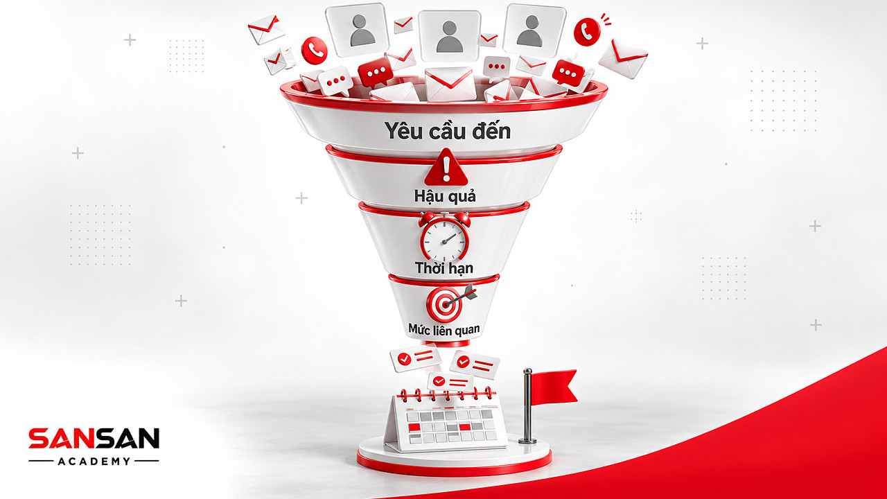 Phễu lọc yêu cầu khẩn cấp của người khác qua hậu quả, thời hạn và mức liên quan mục tiêu theo ma trận Eisenhower