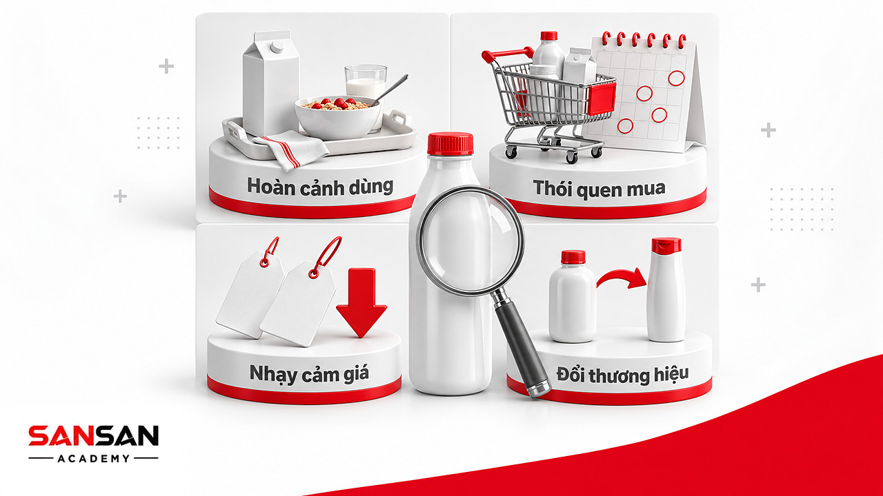 Ma trận bốn ô về hoàn cảnh dùng, thói quen mua, độ nhạy giá và lý do đổi thương hiệu của khách hàng FMCG