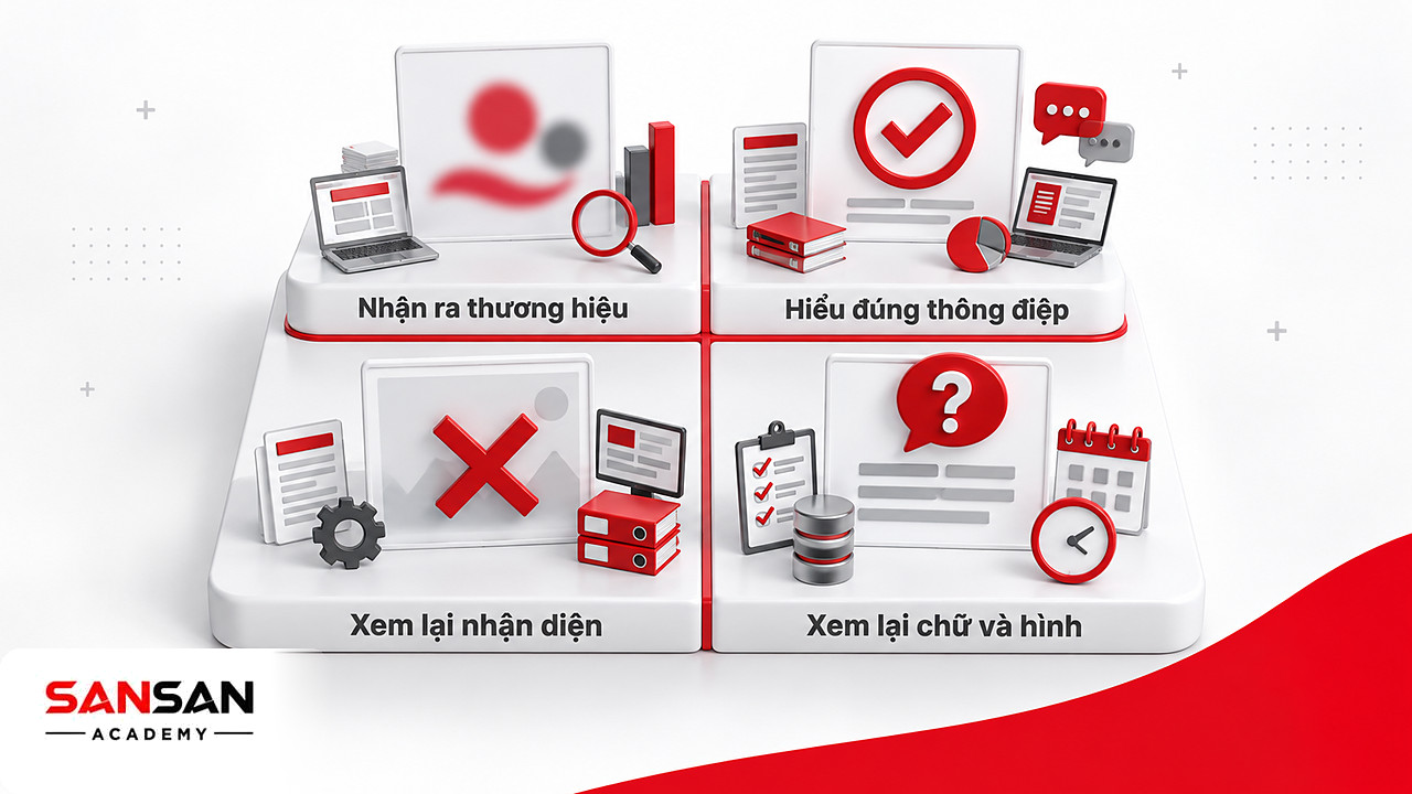 Ma trận 2×2 đánh giá Key Visual theo khả năng nhận ra thương hiệu và hiểu đúng thông điệp