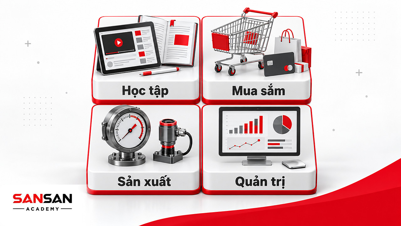 Ma trận bốn ô học tập, mua sắm, sản xuất và quản trị cho thấy ứng dụng kỹ thuật số trong đời sống