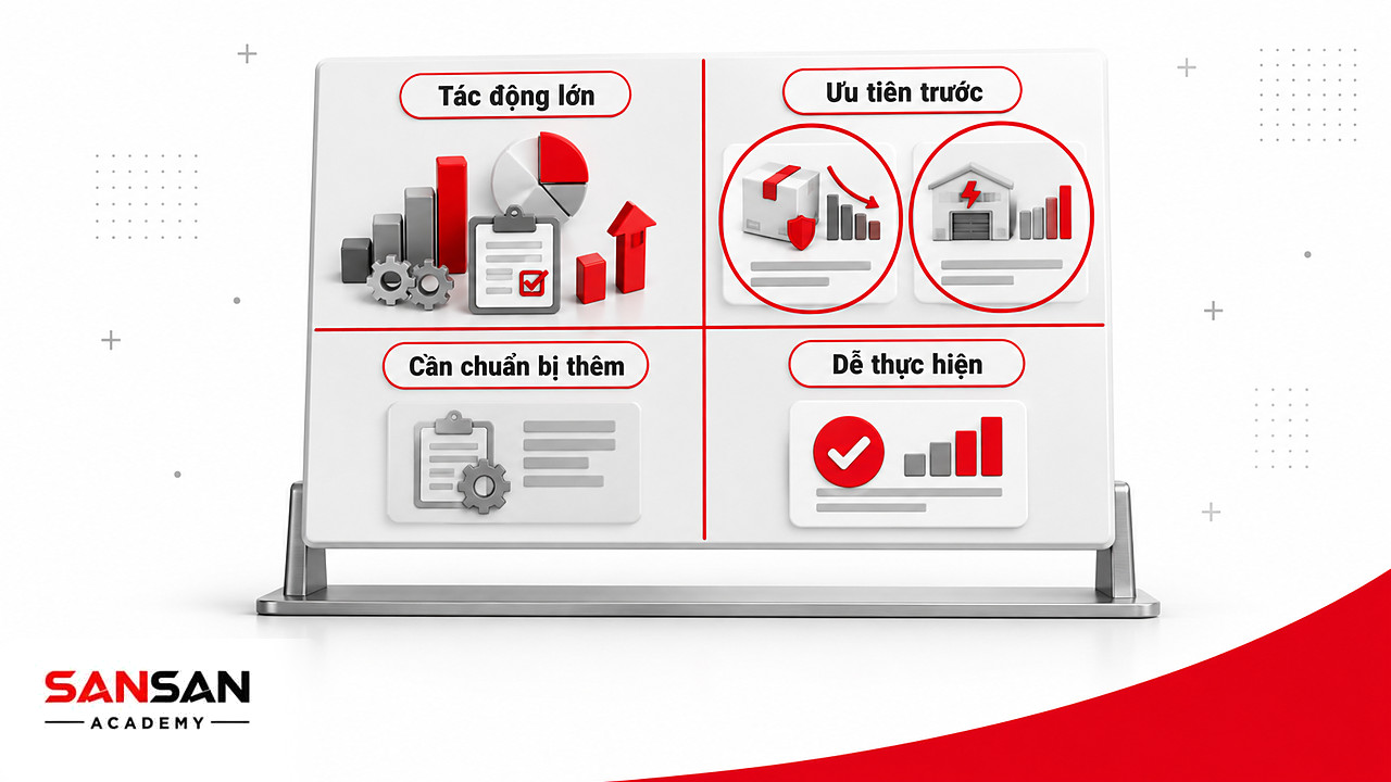 Ma trận bốn ô theo mức tác động và khả năng thực hiện để chọn khâu ưu tiên trong chuỗi cung ứng xanh