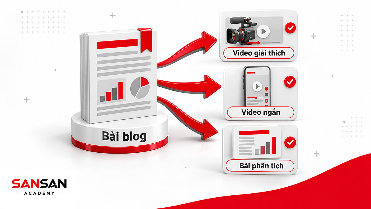 Một bài blog được phát triển thành video giải thích, video ngắn và bài phân tích cho từng mạng xã hội