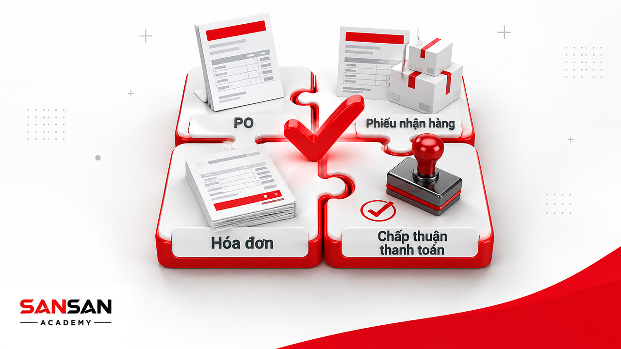 Ba mảnh ghép PO, phiếu nhận hàng và hóa đơn khớp nhau trong đối chiếu ba bên