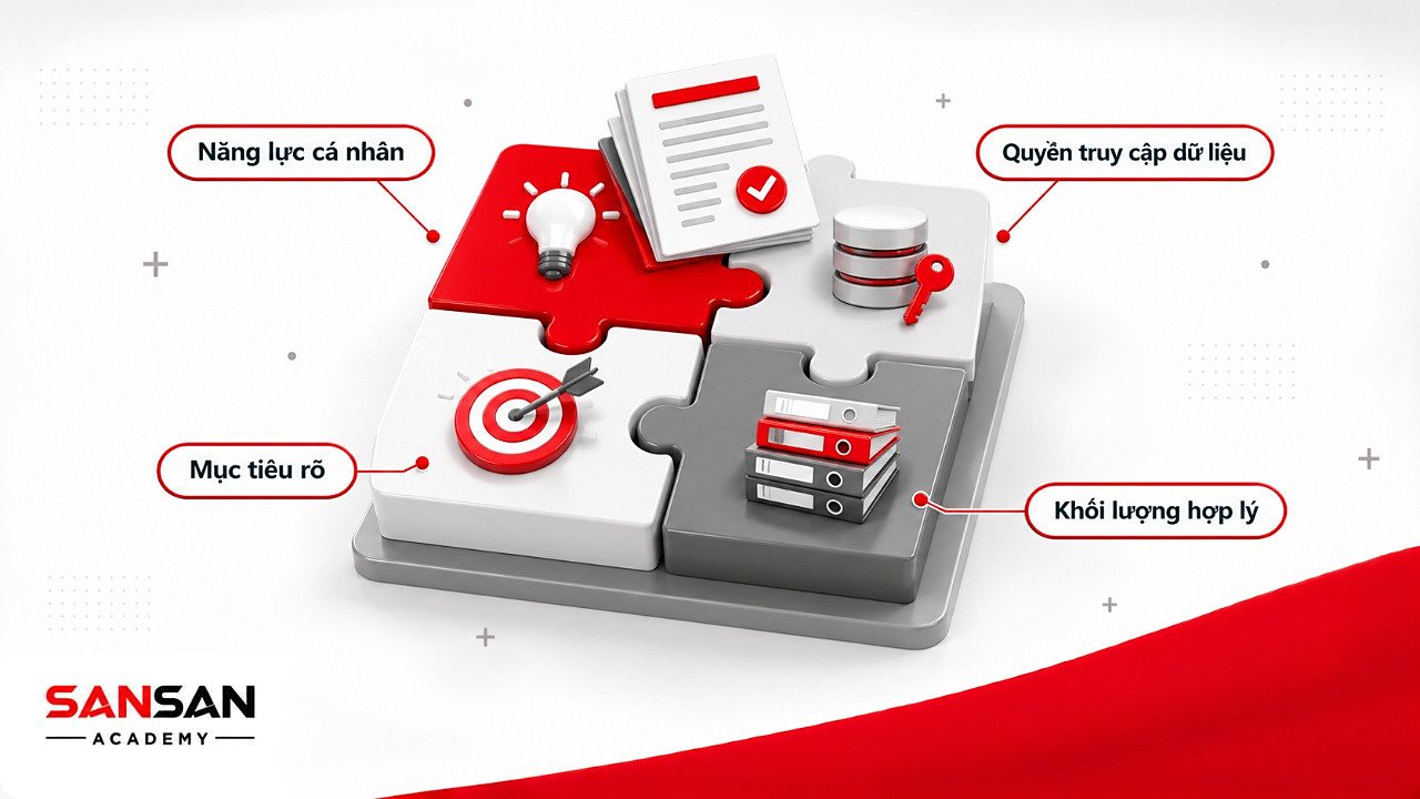 Bốn mảnh ghép năng lực, dữ liệu, mục tiêu và khối lượng việc tạo nên kết quả, không chỉ do Growth Mindset