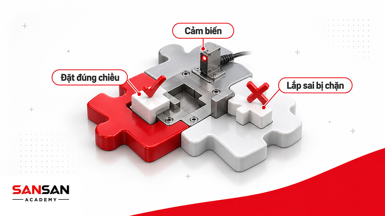 Đồ gá Poka-Yoke chỉ cho chi tiết khớp khi đặt đúng chiều, công cụ ngăn lỗi trong Lean Manufacturing
