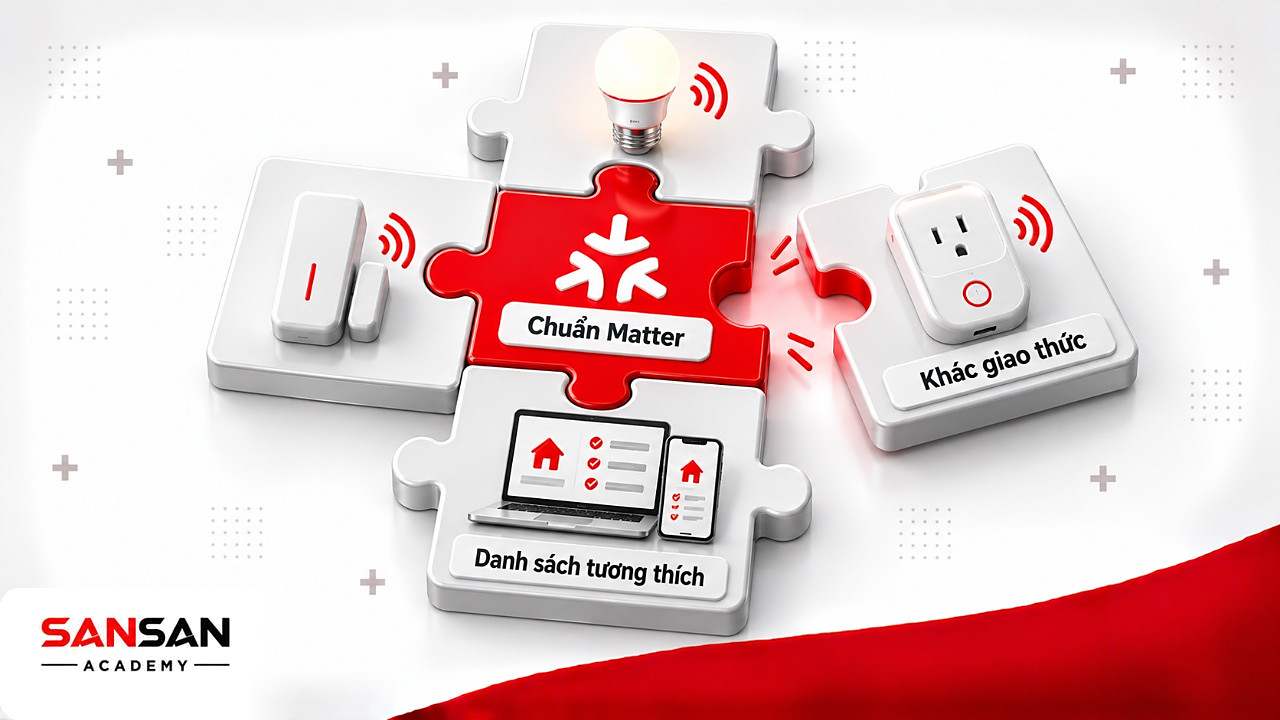 Mảnh ghép thiết bị IoT khác hãng, hai mảnh khớp nhờ chuẩn chung và một mảnh vẫn hở vì khác giao thức