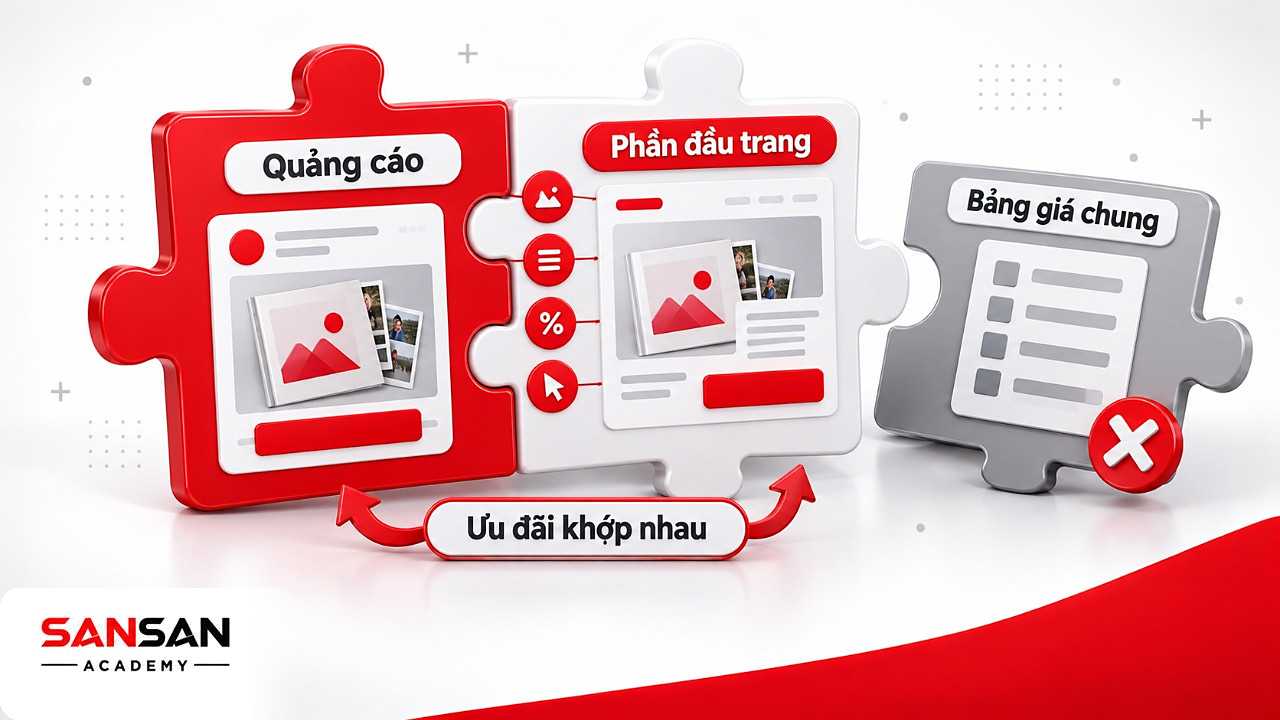 Mảnh ghép quảng cáo và phần đầu Landing Page khớp nhau về sản phẩm, quyền lợi, ưu đãi và hành động
