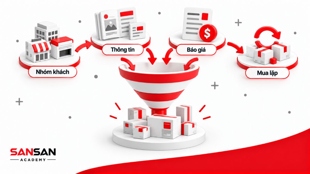 Phễu marketing wholesale kết nối nhóm khách, thông tin sản phẩm, báo giá và đơn mua lặp lại