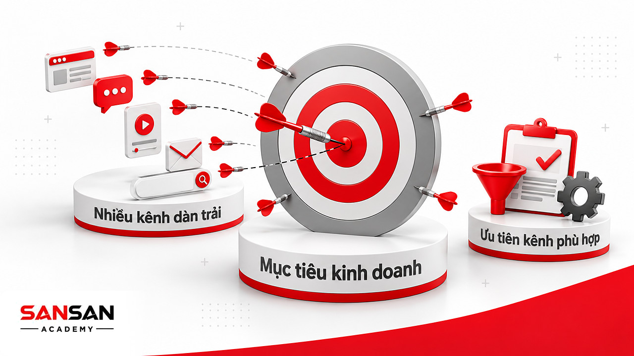 Bia mục tiêu Marketing Online: phi tiêu từ nhiều kênh dàn trải trượt ra ngoài, chỉ kênh tìm kiếm trúng tâm