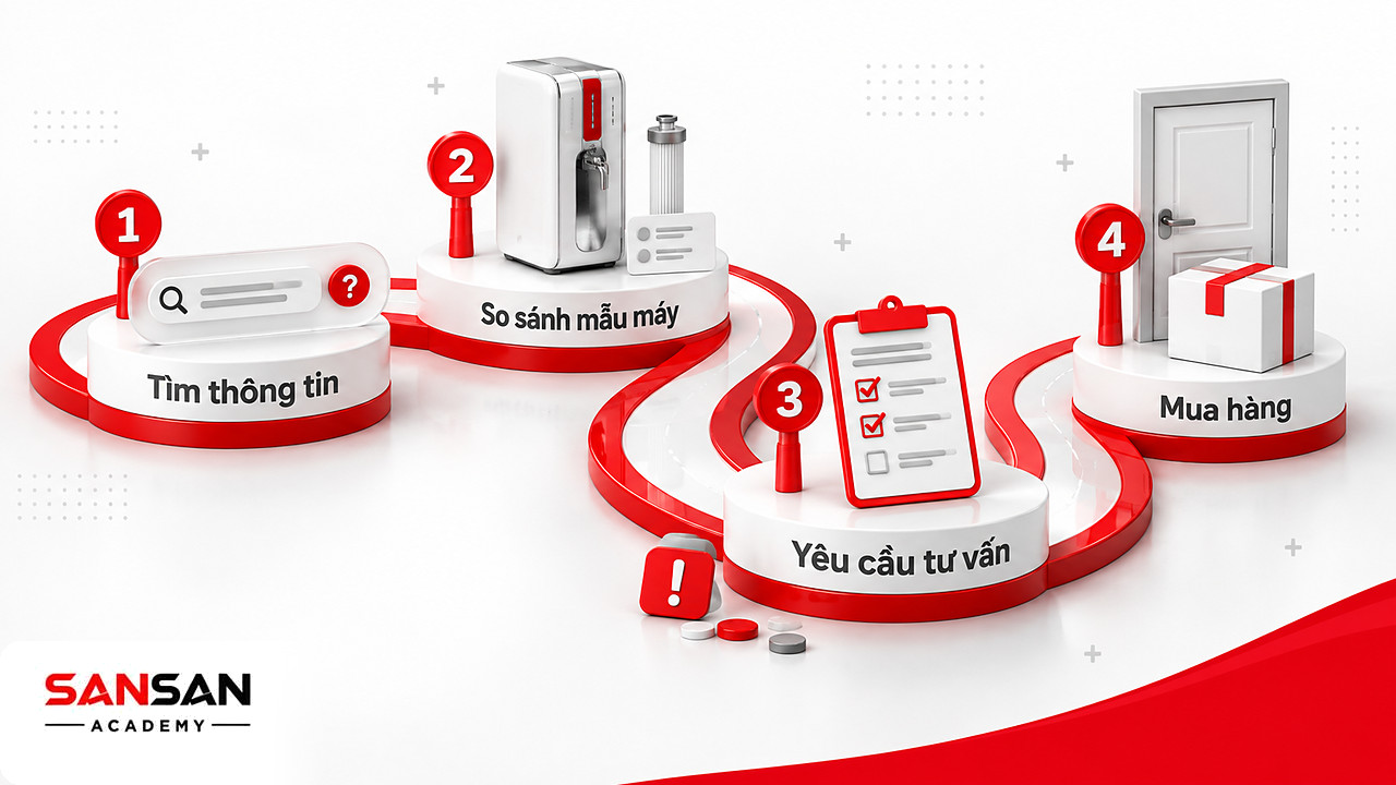 Hành trình mua máy lọc nước trong Marketing Online qua tìm thông tin, so sánh mẫu, yêu cầu tư vấn và mua hàng
