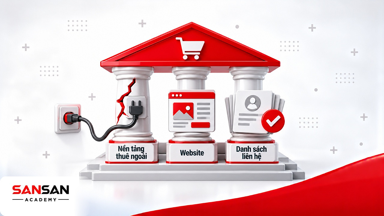 Ngôi đền Marketing Online có trụ nền tảng thuê ngoài bị nứt, trụ Website và danh sách liên hệ đứng vững