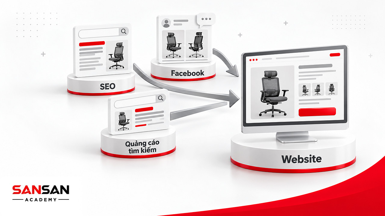 SEO, quảng cáo tìm kiếm và Facebook cùng dẫn khách về Website bán ghế trong ví dụ Marketing Online