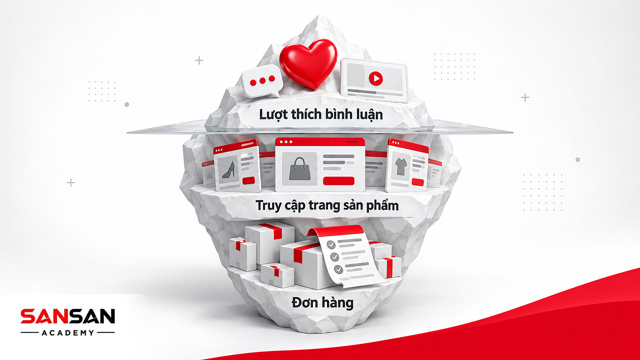 Tảng băng Marketing Online: lượt thích, bình luận nổi trên mặt, truy cập, biểu mẫu và đơn hàng nằm bên dưới