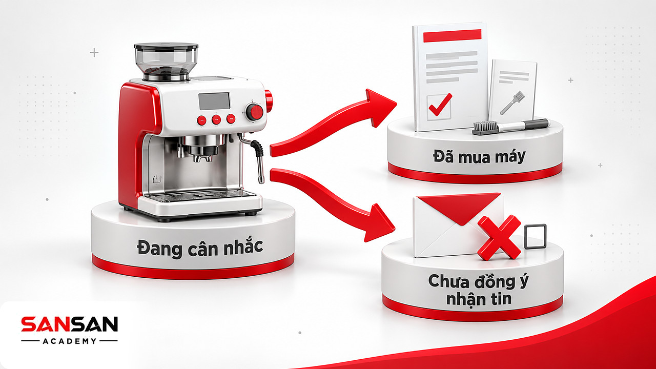 Máy pha cà phê tỏa ra nội dung riêng cho người đang cân nhắc và khách đã mua trong Marketing Online