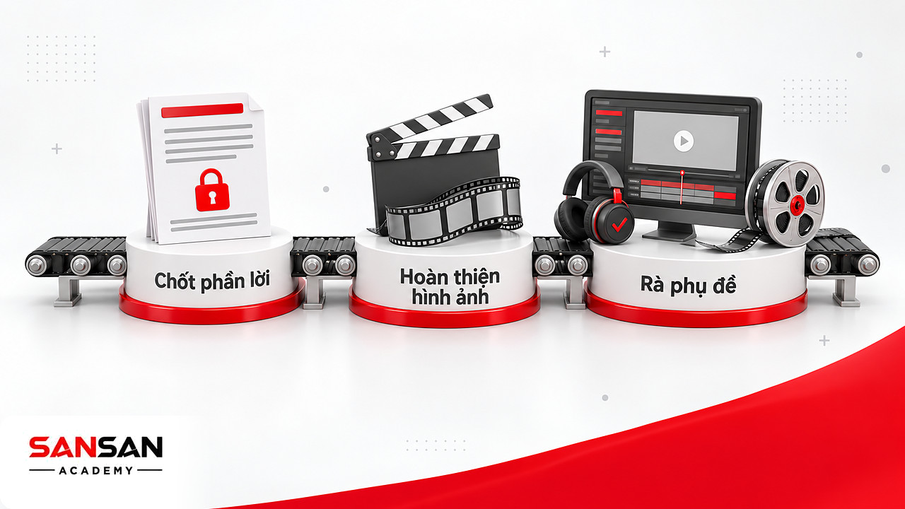 Băng chuyền dựng video: chốt lời, hoàn thiện hình ảnh rồi nghe lại phụ đề, một quy trình dùng Marketing tools