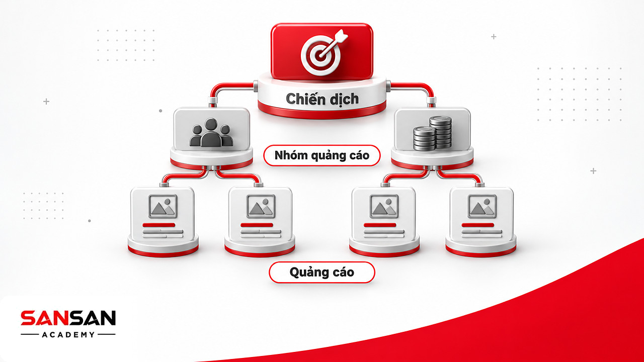 Cây ba cấp chiến dịch, nhóm quảng cáo và quảng cáo trong công cụ quản lý quảng cáo thuộc nhóm Marketing tools