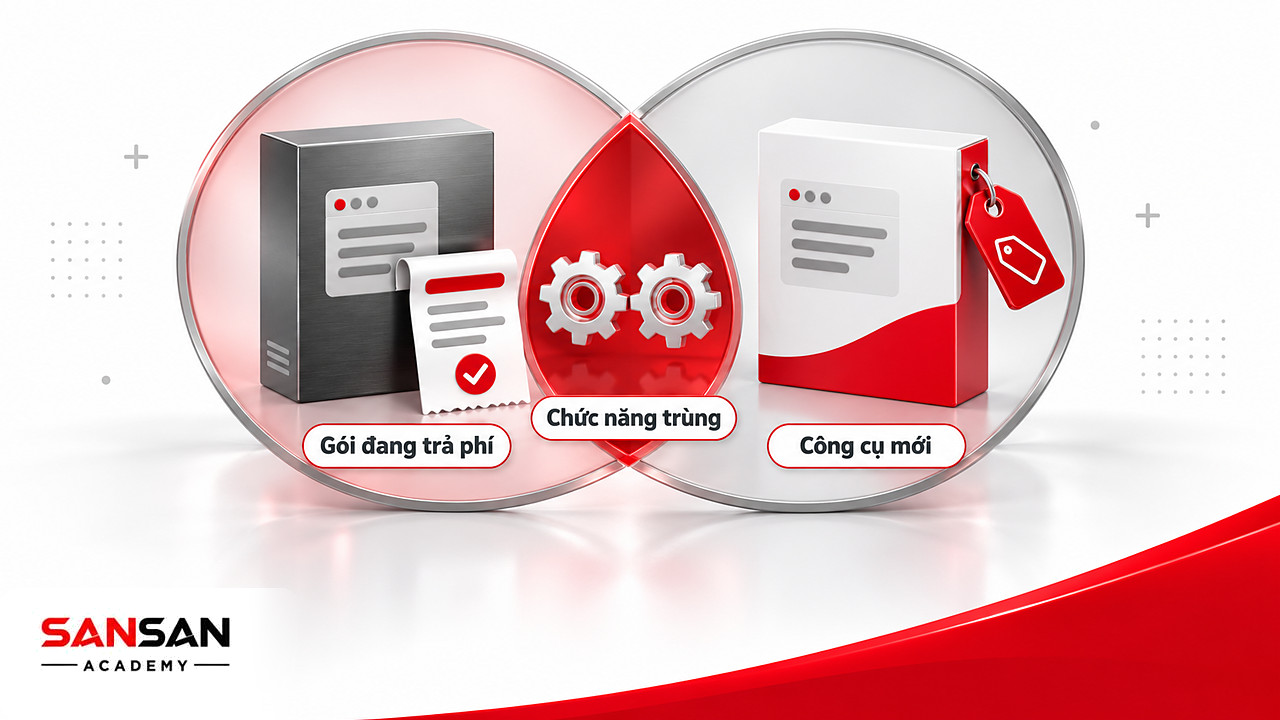 Hai vòng giao nhau giữa gói đang trả phí và công cụ mới, phần chung là chức năng trùng của Marketing tools