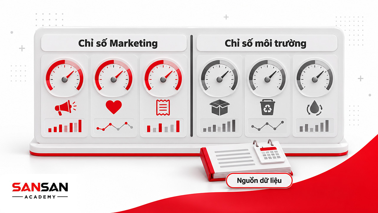 Bảng điều khiển tách hai nhóm đồng hồ chỉ số Marketing và chỉ số môi trường khi đo lường Marketing xanh
