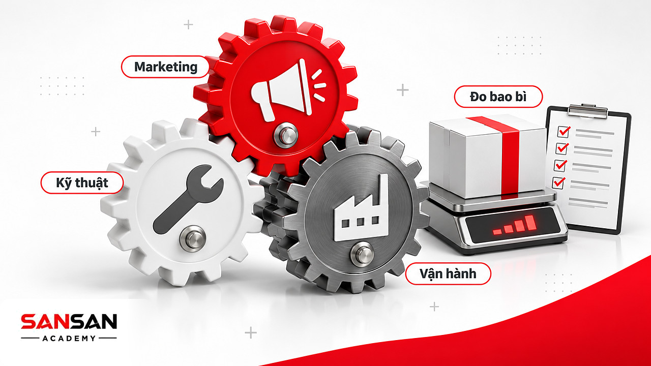 Ba bánh răng Marketing, kỹ thuật và vận hành ăn khớp cạnh hộp bao bì trên cân trong Marketing xanh