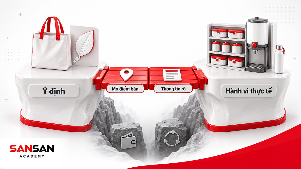 Cây cầu đỏ nối ý định với hành vi tiêu dùng trong Marketing xanh nhờ mở điểm bán và thông tin rõ