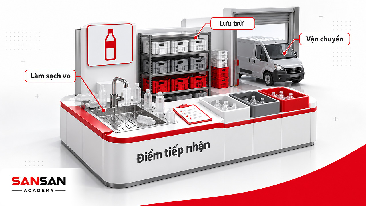 Góc cửa hàng có quầy thu hồi vỏ chai, thùng phân loại và kệ lưu trữ trong chương trình Marketing xanh
