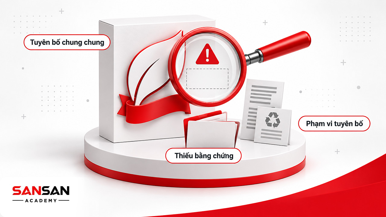 Kính lúp soi huy hiệu thân thiện môi trường chung chung, thiếu bằng chứng trên hộp sản phẩm Marketing xanh