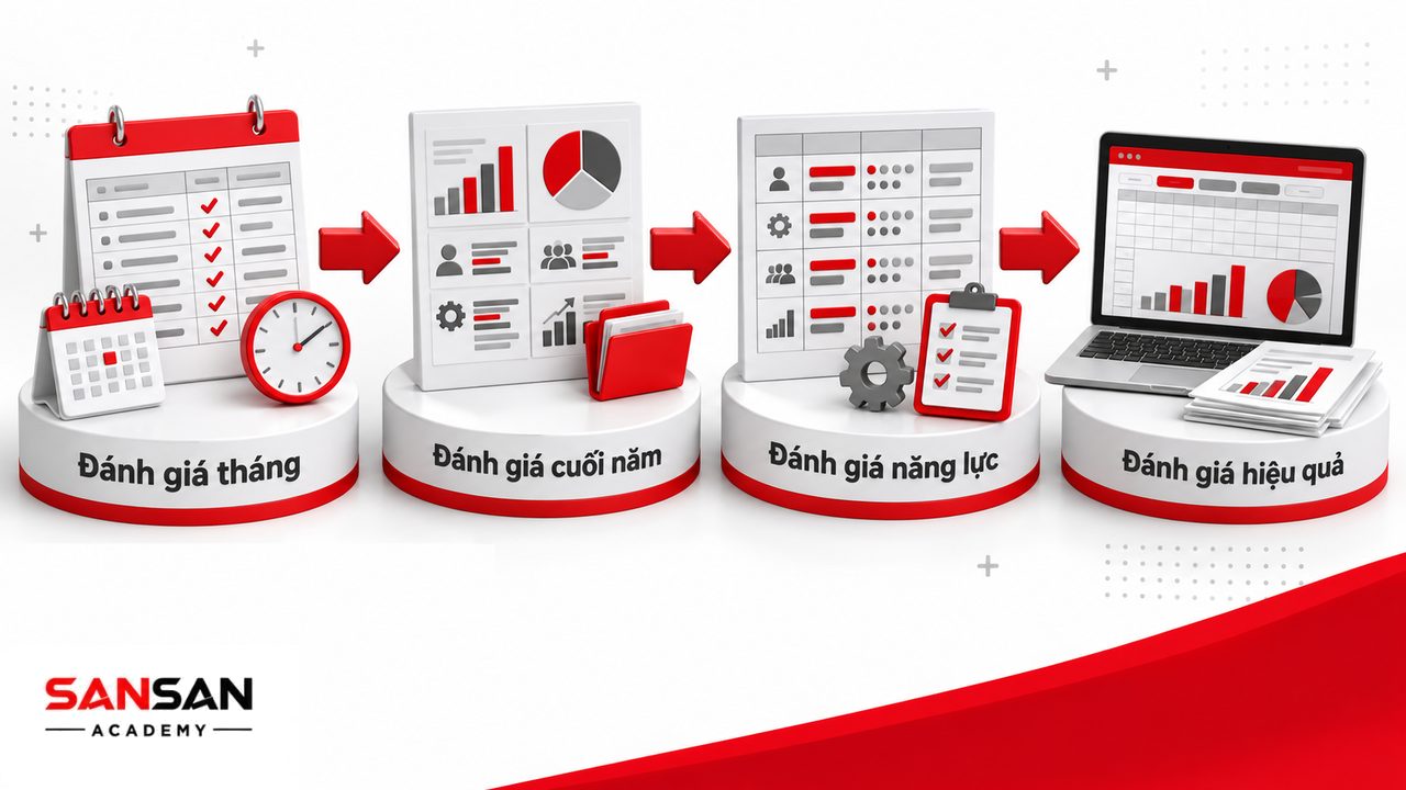 Các mẫu bảng đánh giá nhân viên phổ biến gồm đánh giá hàng tháng, cuối năm, năng lực, hiệu quả công việc và mẫu Excel.