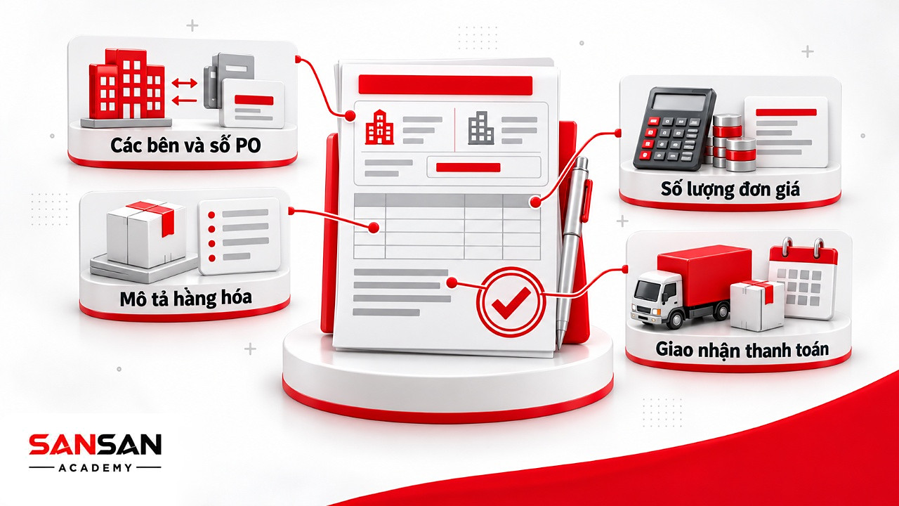 Mẫu đơn đặt hàng PO chia bốn vùng thông tin: các bên, hàng hóa, giá trị và điều kiện