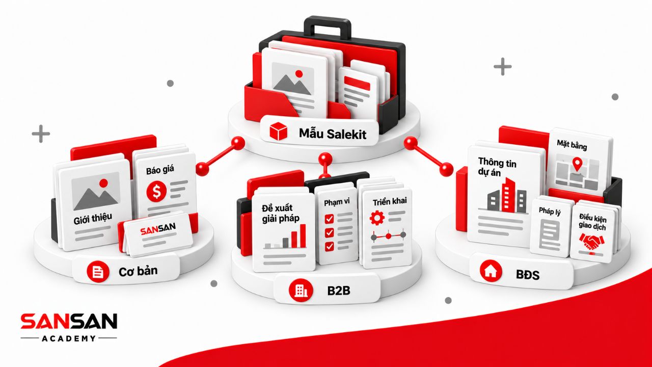Mẫu salekit cơ bản, B2B và bất động sản với nhóm tài liệu khác nhau theo từng tình huống bán hàng