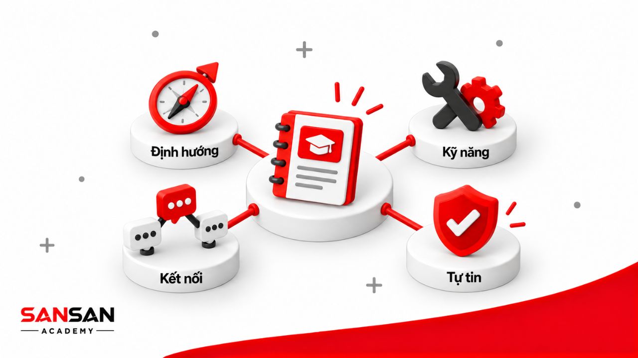 Bốn giá trị mentorship gồm định hướng, kỹ năng, kết nối và tự tin