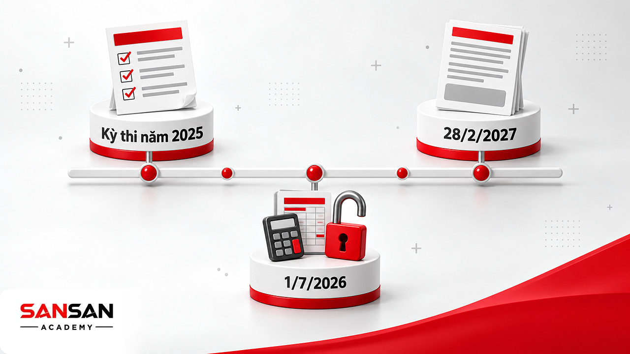 Dòng thời gian các mốc thay đổi về chứng chỉ kế toán và dịch vụ kế toán từ 1/7/2026 đến 28/2/2027