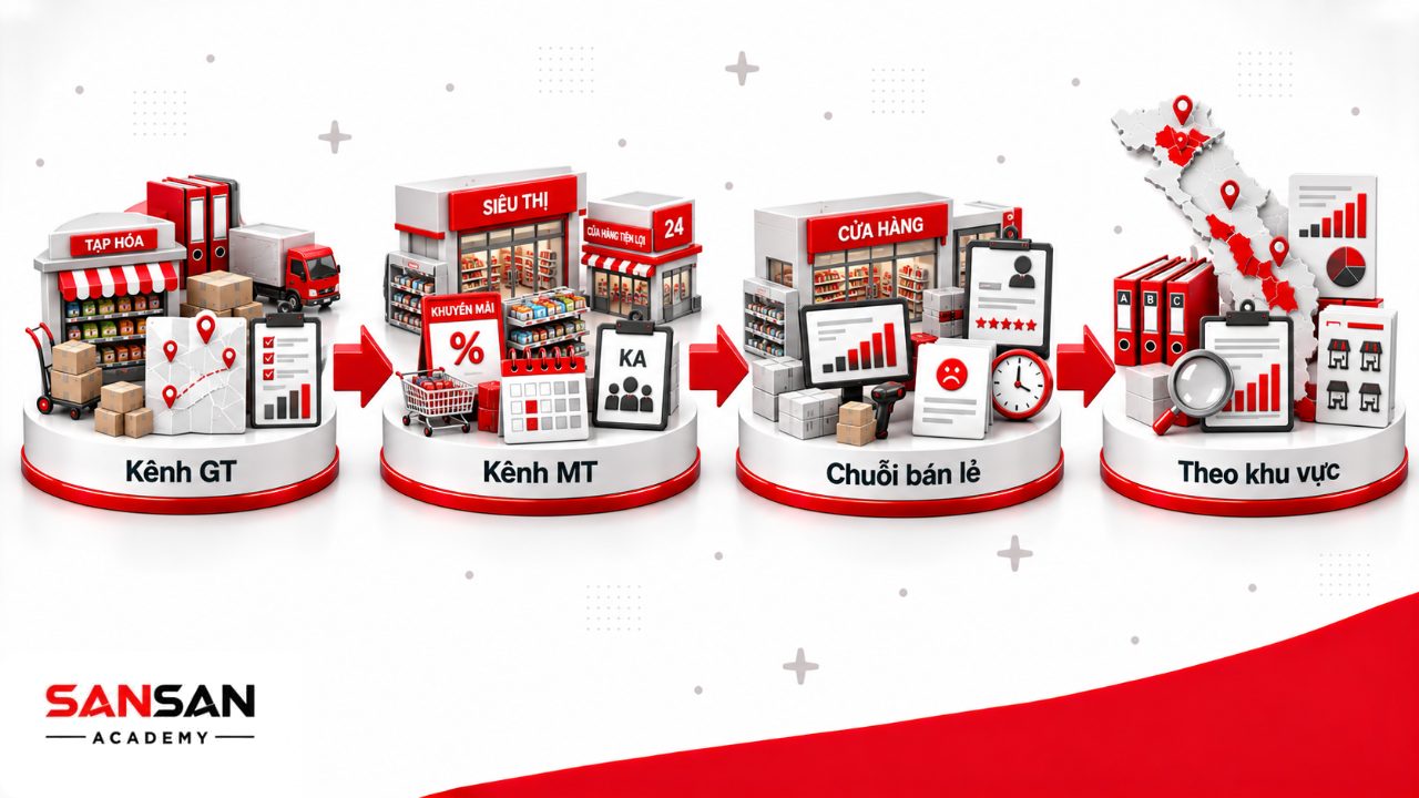 Môi trường làm việc giám sát bán hàng gồm kênh GT, MT, chuỗi bán lẻ và quản lý khu vực với chỉ số và cách vận hành khác nhau.