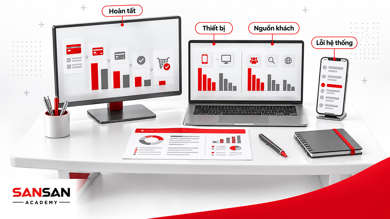 Bàn làm việc có màn hình tỷ lệ hoàn tất thanh toán, laptop chia theo thiết bị và điện thoại báo lỗi hệ thống
