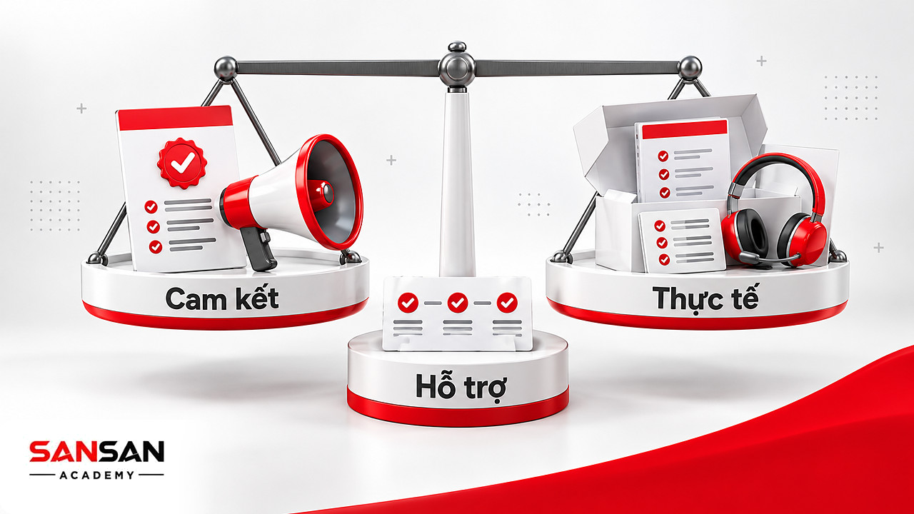 Cán cân thăng bằng giữa tờ quảng cáo cam kết và hộp sản phẩm kèm sách hướng dẫn trong Moment of Truth