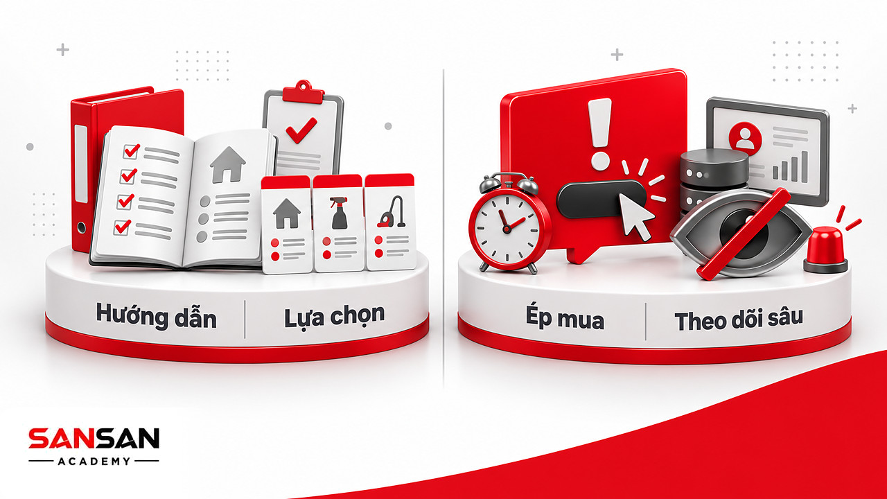 So sánh sổ hướng dẫn đánh giá nhu cầu dọn nhà với biểu ngữ mua ngay và biểu tượng theo dõi bị gạch