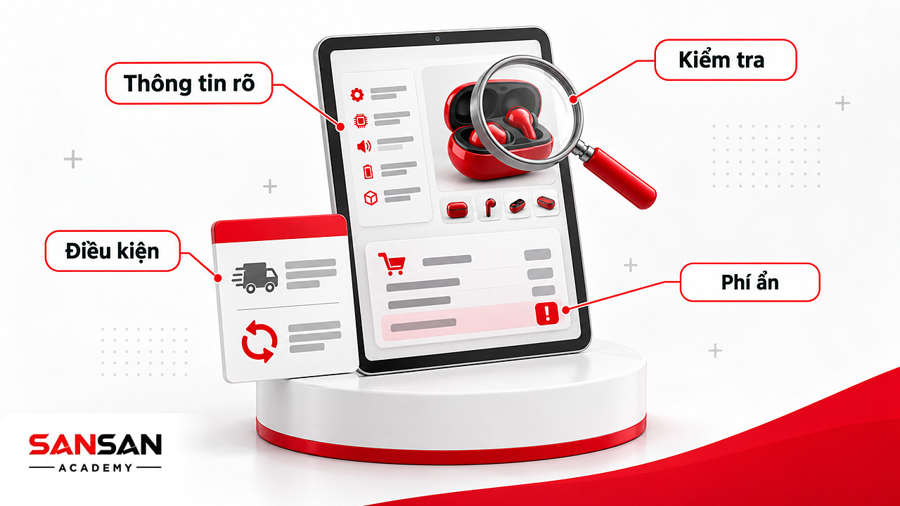 Trang sản phẩm trên máy tính bảng chú thích thông tin, điều kiện giao dịch và phí ẩn ở First Moment of Truth