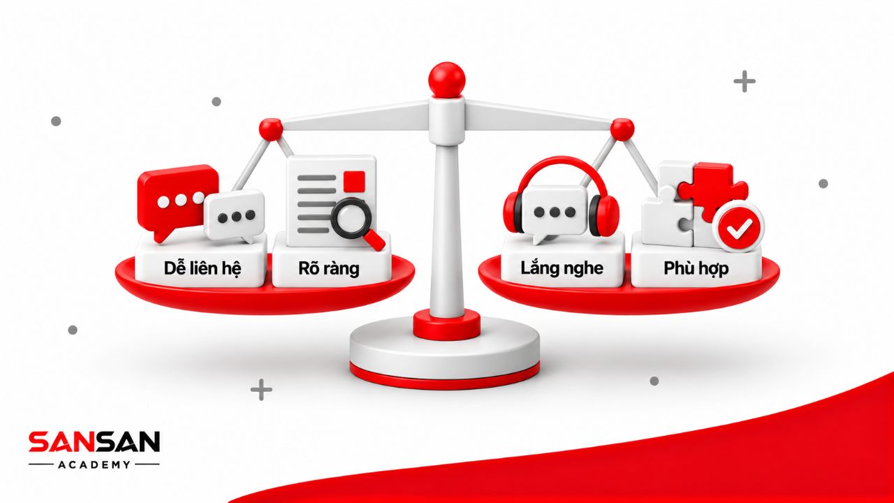 Cán cân giữa khả năng liên hệ, thông tin rõ ràng, lắng nghe và phương án xử lý phù hợp