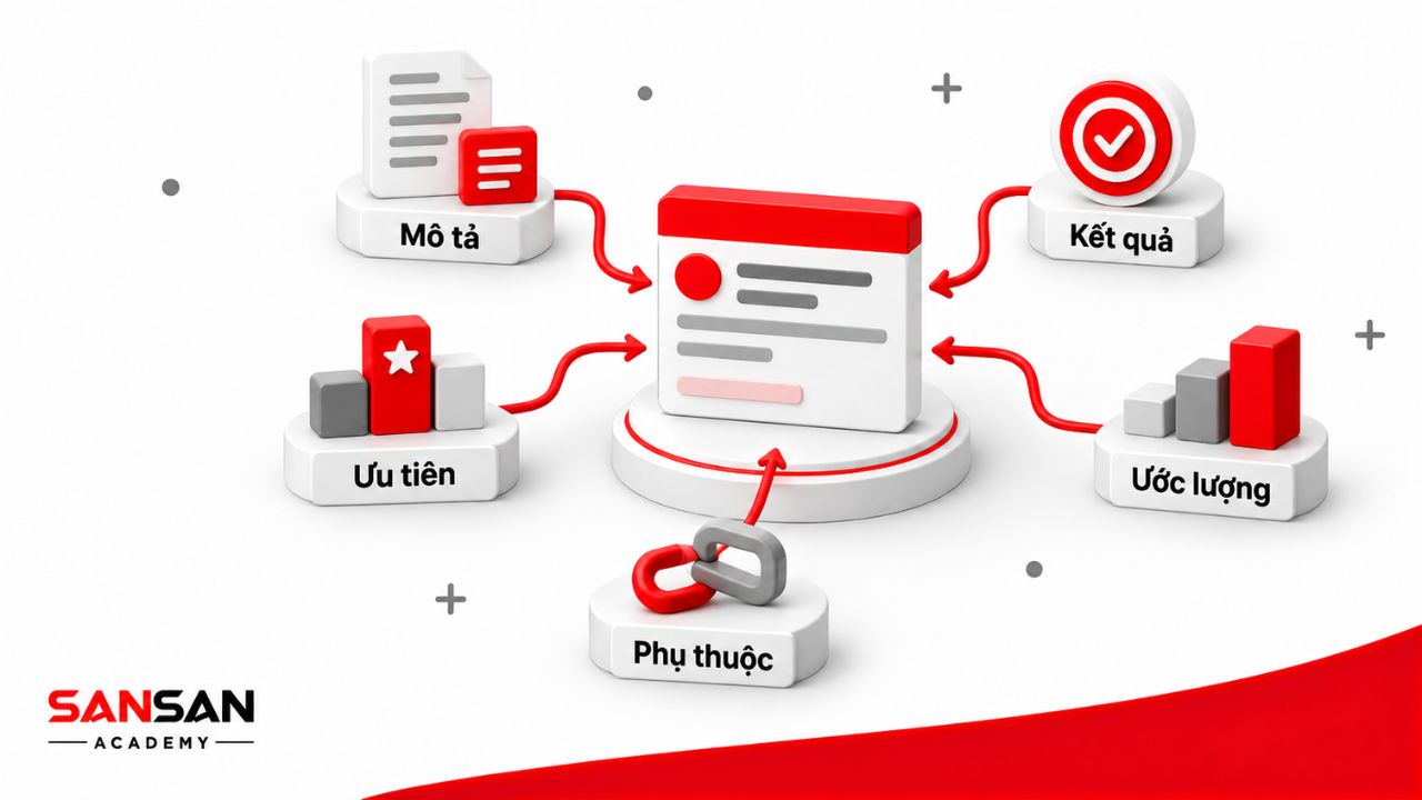 Hạng mục backlog gồm mô tả, kết quả, ưu tiên, ước lượng và phụ thuộc.