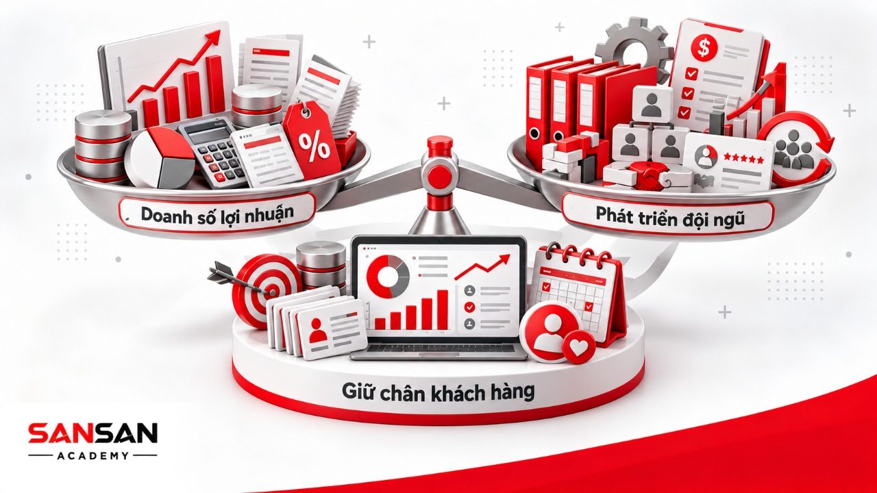 Mục tiêu quản trị bán hàng gồm doanh số lợi nhuận, phát triển lực lượng bán hàng và xây dựng quan hệ khách hàng lâu dài.