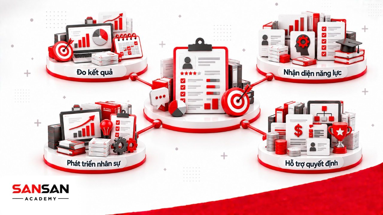 Vai trò đánh giá nhân viên trong đo kết quả, nhận diện năng lực, xác định nhu cầu phát triển và hỗ trợ quyết định lương thưởng thăng tiến.