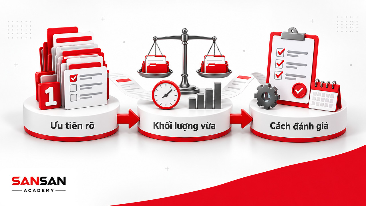 Ba bệ lưu ý khi giao việc để hạn chế multitasking: ưu tiên rõ, khối lượng hợp lý và tiêu chí đánh giá phù hợp.