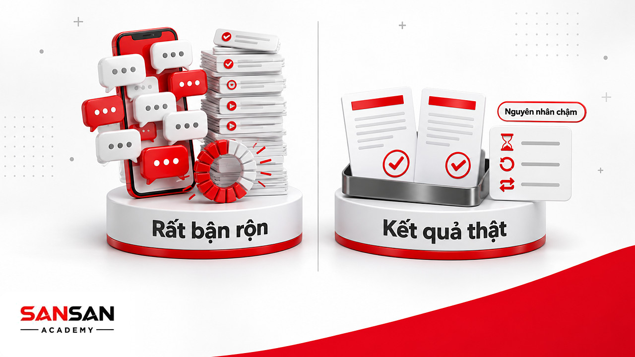 Multitasking: bên trái nhiều tin nhắn và việc đang làm dở, bên phải chỉ hai báo cáo hoàn thành đạt yêu cầu.
