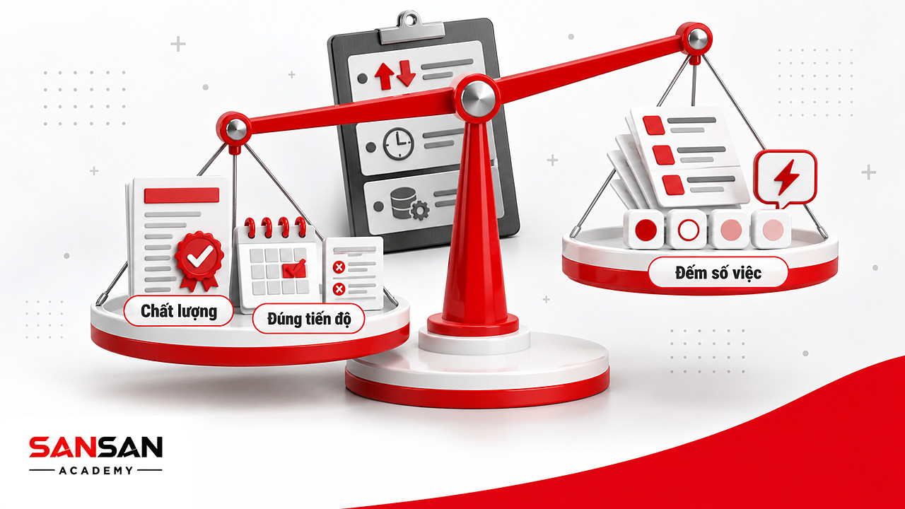 Cán cân đánh giá nhân viên theo chất lượng và tiến độ thay vì số việc multitasking cùng lúc.
