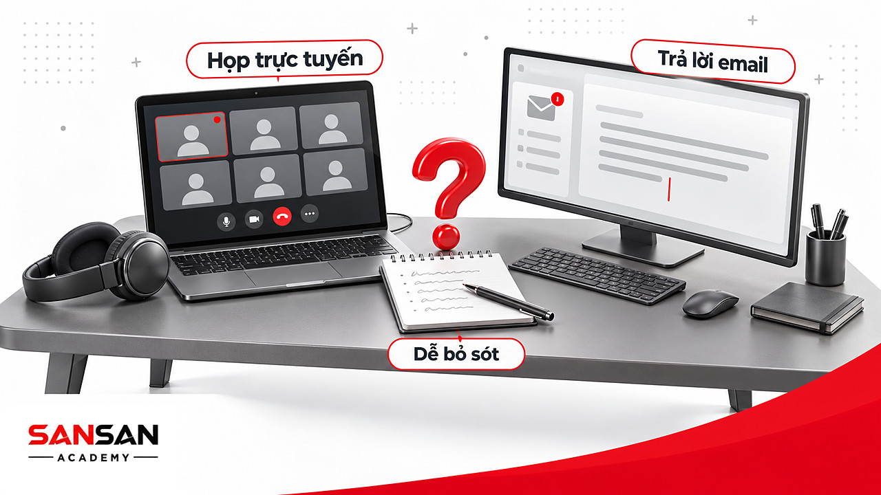 Multitasking khi vừa họp trực tuyến trên laptop vừa trả lời email trên màn hình thứ hai, ghi chú bị dở dang.