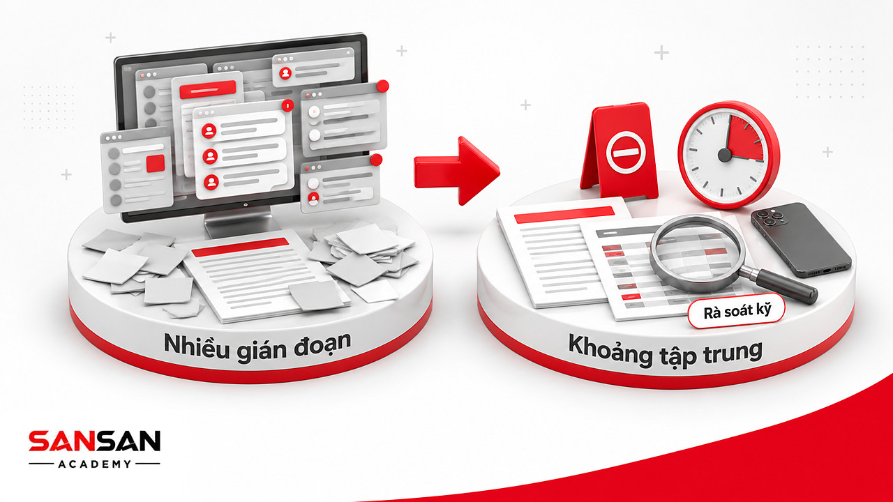 Trước và sau khi tách khỏi multitasking: màn hình nhiều tab thông báo so với bàn chỉ có hợp đồng và bảng đối chiếu.