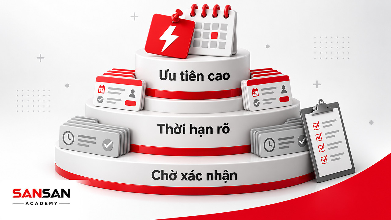 Kim tự tháp ưu tiên giúp giảm multitasking, gồm việc có phụ thuộc, việc có thời hạn và yêu cầu chờ xác nhận.