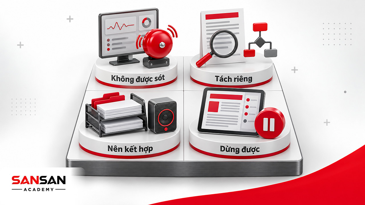 Ma trận multitasking theo mức chú ý và hậu quả bỏ sót, chia việc nên kết hợp và việc cần tách riêng.